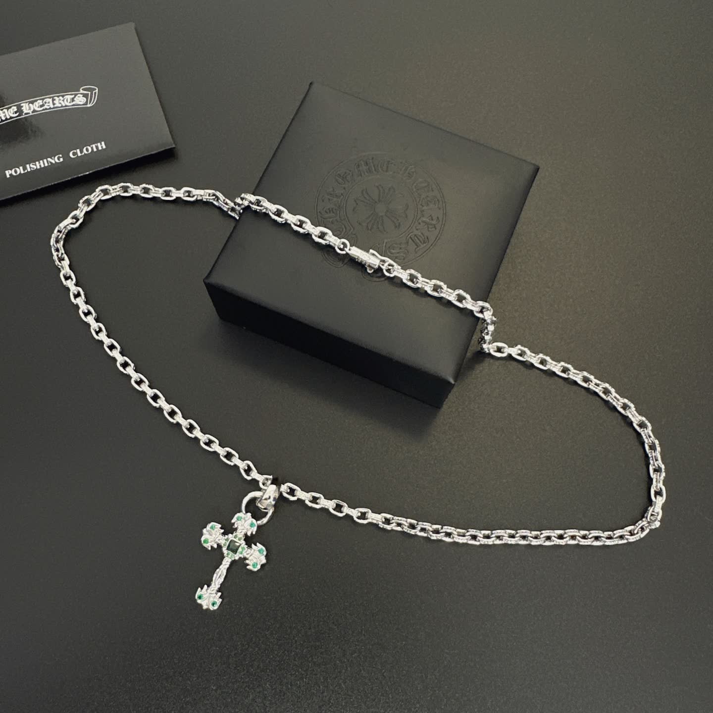 Chrome Hearts Silver Cross Pendant with Emerald Accents